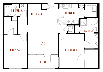 Floor plan for 2 beds, 2 baths, 1389 sqft